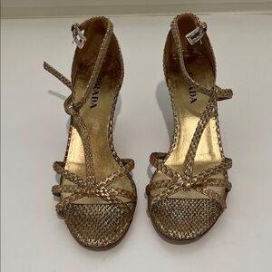 Prada Braided Metallic Gold Strappy Heels